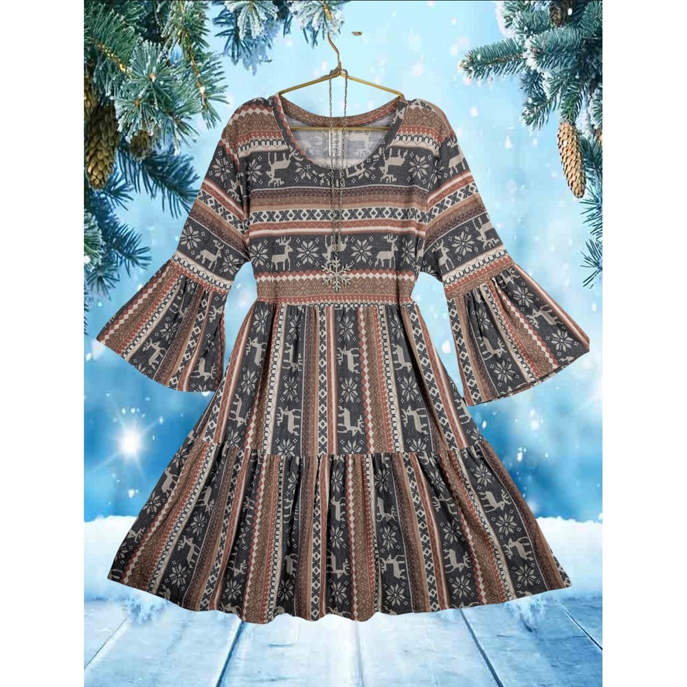 Womens 2XL Cruising Through the Snow Fair Isle Reindeer Bell Sleeve Tiered Dress